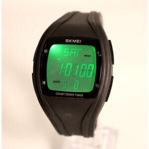 SKMEI Digital Sport 40mm Watch Black Green Backlight Alarm Chrono w New Battery